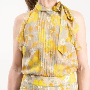 Veronica Beard Yellow Dali Top Floral Halter Top Neck Bow Fabric Lining